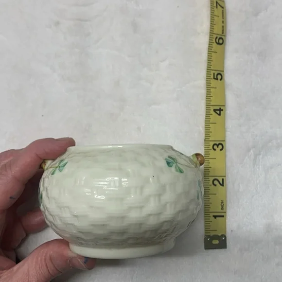 Vintage Belleek Ireland porcelain cream green shamrock vase cream & sugar set.